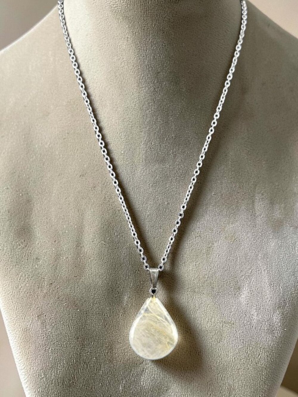 White Quartz Necklace Large Pear Pendant Stainless Steel Chain Natural Gemstone